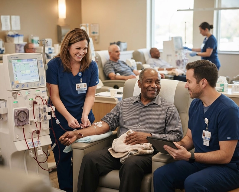 Nurses and a technician chatting with a smiling patient during his dialysis session