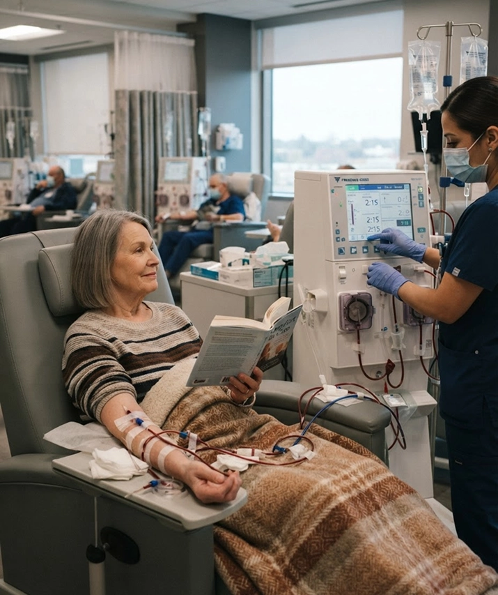 An older patient reading a book in a dialysis chair while a masked nurse adjusts her dialysis machine