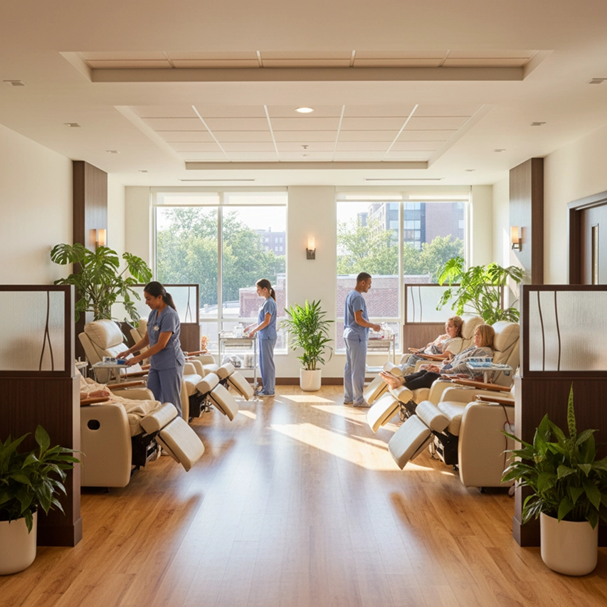 A sun-filled dialysis lounge where patients rest in recliners while staff attend to them, with plants and city buildings visible through the windows