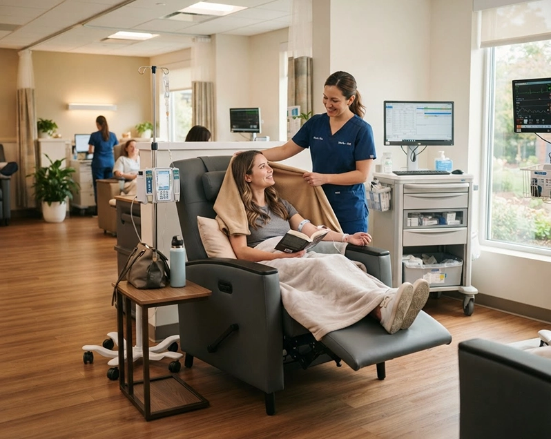 A nurse drapes a blanket over a patient settling into a reclining treatment chair in a bright suite