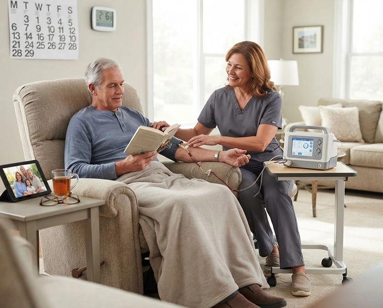 A patient reads under a blanket in a recliner while a nurse sets up his treatment, a wall calendar behind them