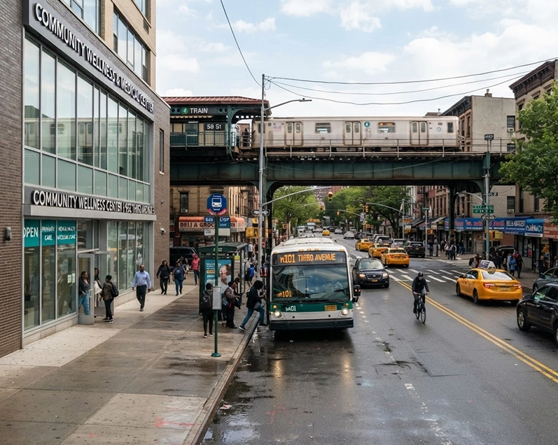 A Bronx street corner with an elevated train overhead and an M101 bus at the curb