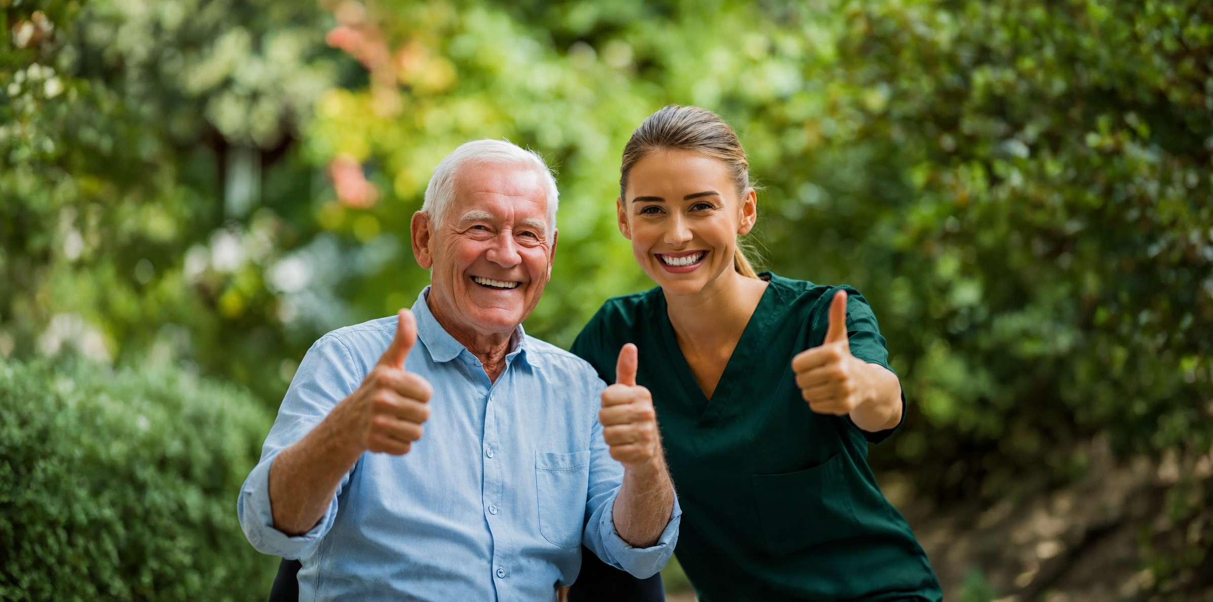 An older patient and a nurse in green scrubs giving thumbs-up together outdoors among sunlit greenery